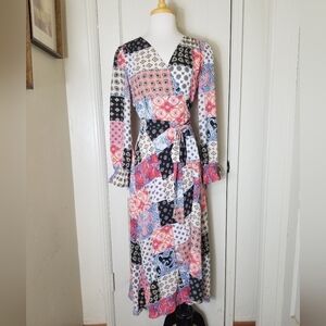 SKIES ARE BLUE NWT S patchwork print long sleeve wrap maxi dress black coral